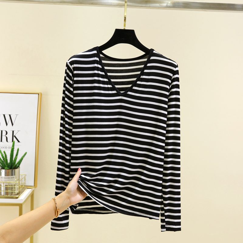 V-neck Modal With Chest Pad T-shirt Women's Spring Inner wear Long sleeve Stripe Bottoming Shirt Thin Casual Plus size Loose Top