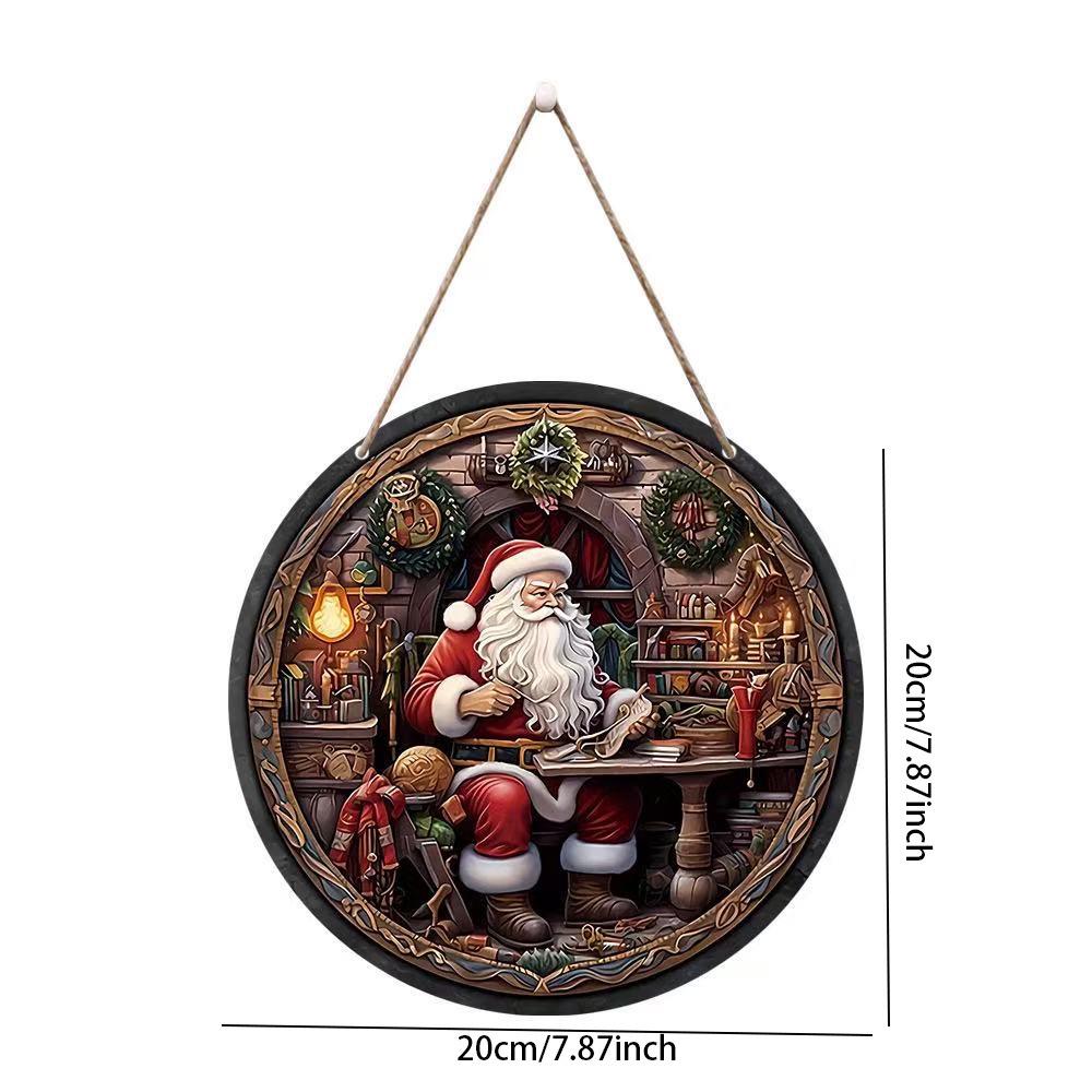 Santa Claus Christmas Wreath Wooden Hanging Sign for Wall, Door, or Window Décor