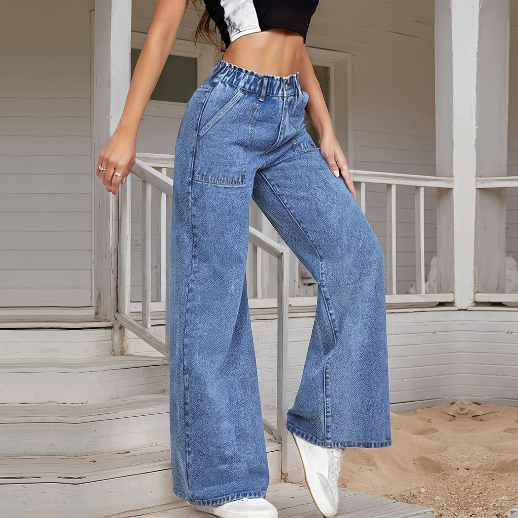 Women's Wide Leg Jeans Casual Highwaist Straight Denim Pants With Pockets