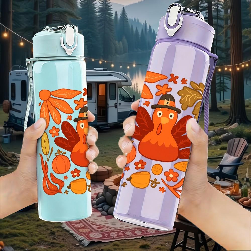 1PC Autumn Maple Turkey Art 750ml Color Plastic Sports Water Bottle Leakproof Flip Straw Lid Suitable for Sports Office Home Use