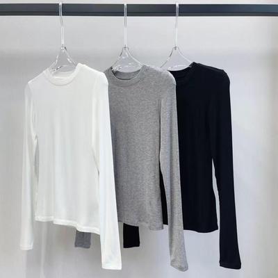 Damen Rundhals Hohelastisches Wolle Tencel Langarm Basisschicht Hemd