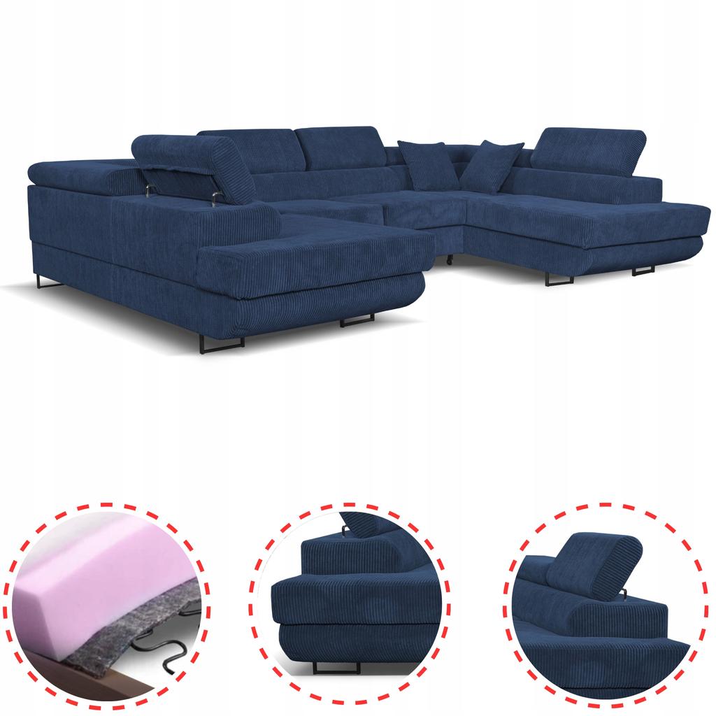 U-shaped Corner Sofa Bed, Extendable F. Savio Family Sleeping Furniture Navy Corduroy