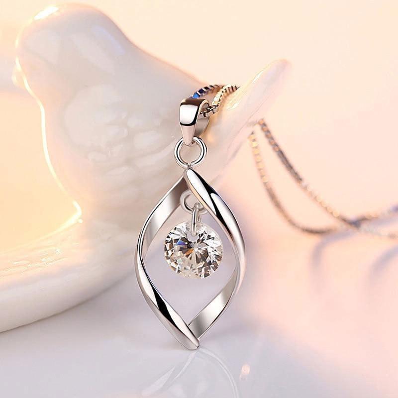 Silver Plated Twisted Open Teardrop Pendant Necklace, Floating Round CZ Box Chain Necklace for Women