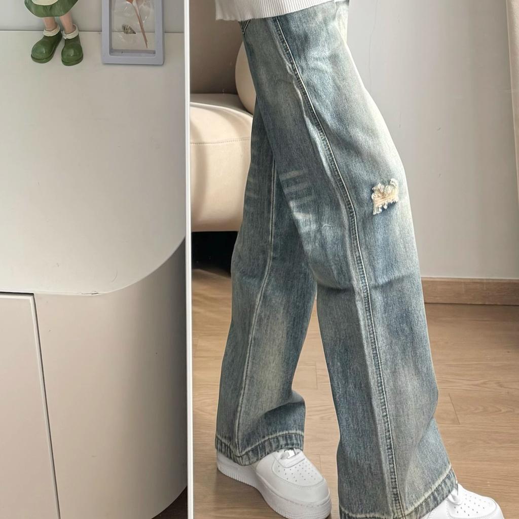 American Retro Old Ripped Versatile Street Jeans Men's Casual Vintage Wind Loose Straight Long Pants