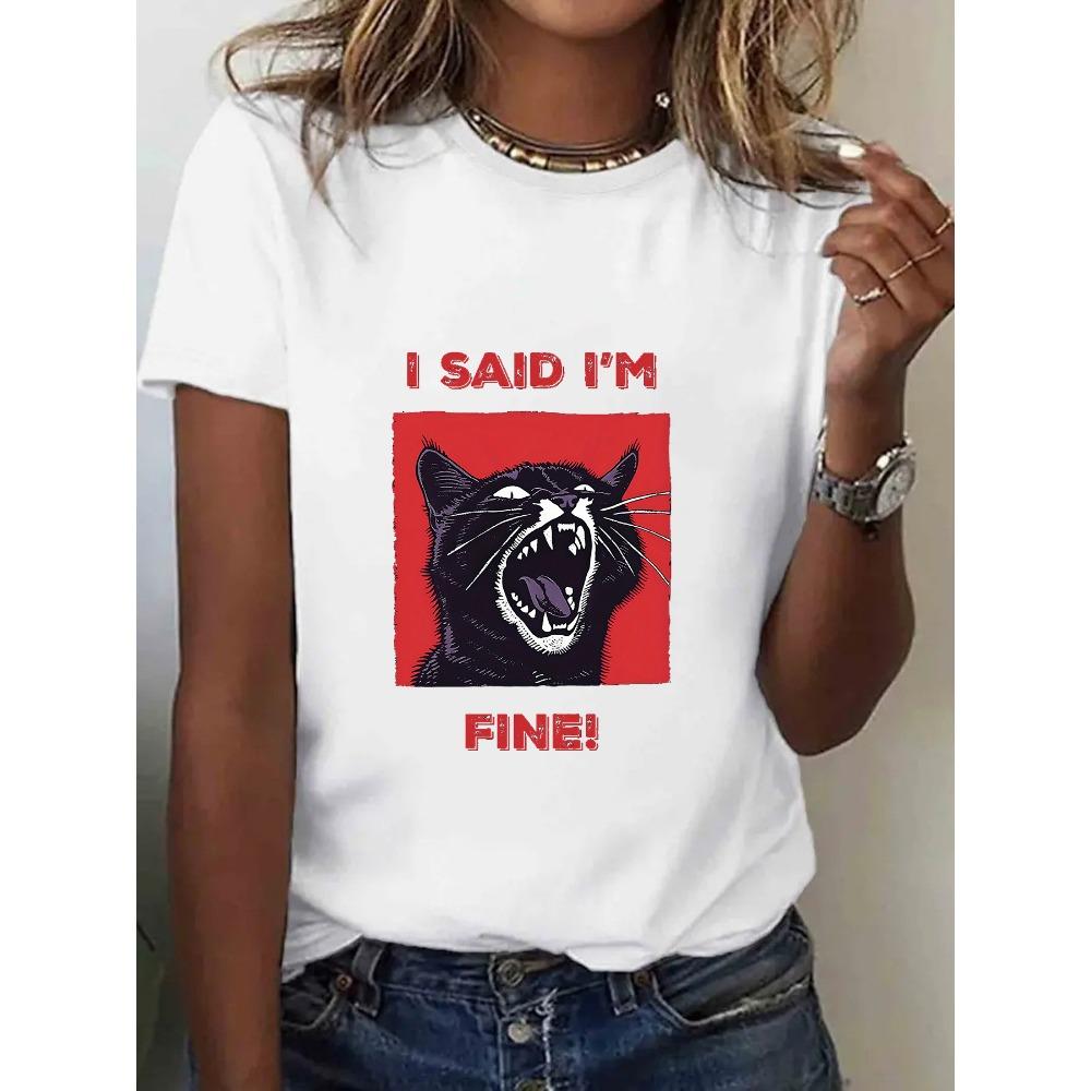 

Black Cat And Letter Print Short-Sleeved T-Shirt Casual Versatile Style for Summer Daily Wear And Going Out S