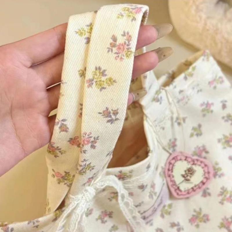 Large Capacity Fragmented Flowers Pattern Tote Bag  Sweet With Lace Bow Storage Handbags Canvas Handbag