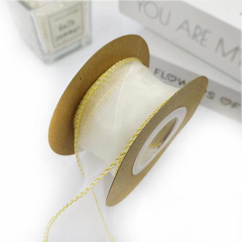 10yards Organza Ribbon Golden Wave Wired Ribbon Gift Bouquet Packaging,Handicrafts,Christmas Birthday Wedding Party Decoration