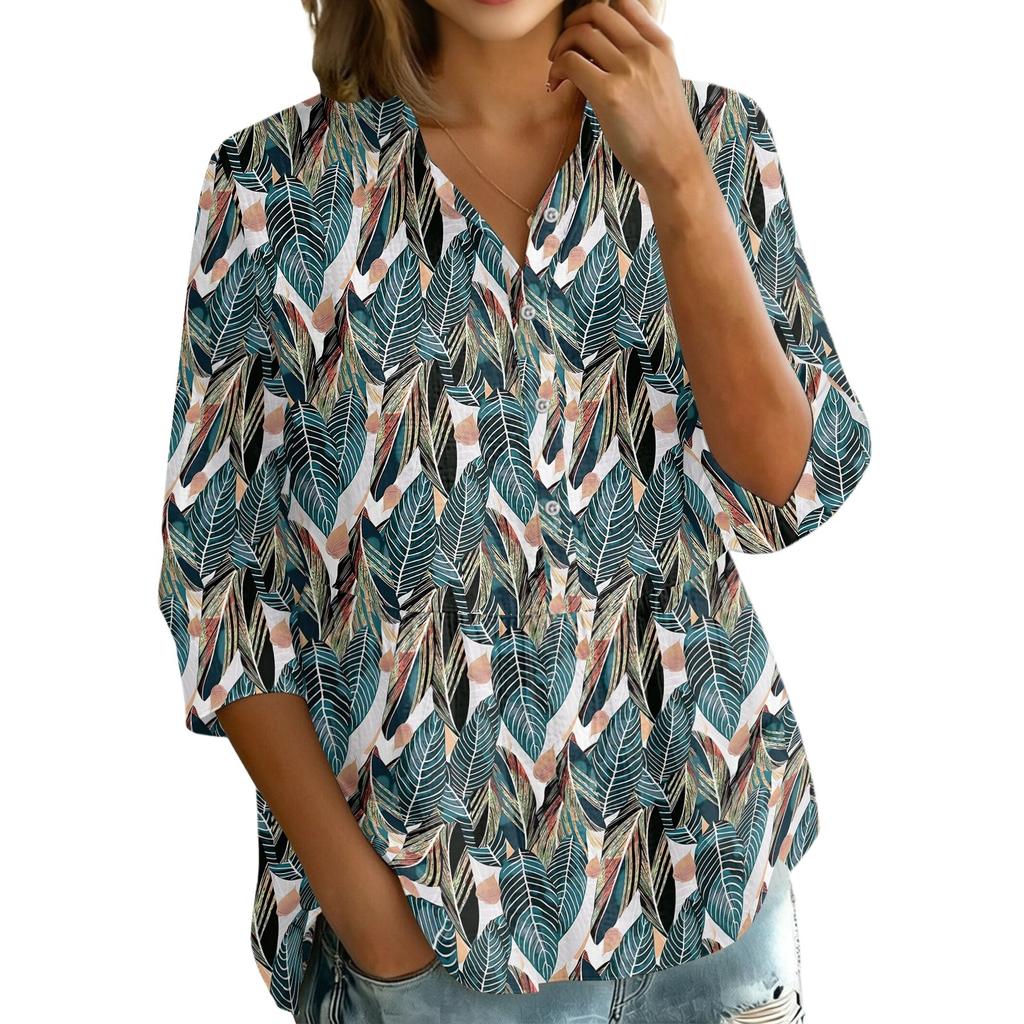 Women Button Front Collared Retro Floral Print Three Quarter Sleeve Loose Fit Shirt Blouse for Casual or Daily Wear