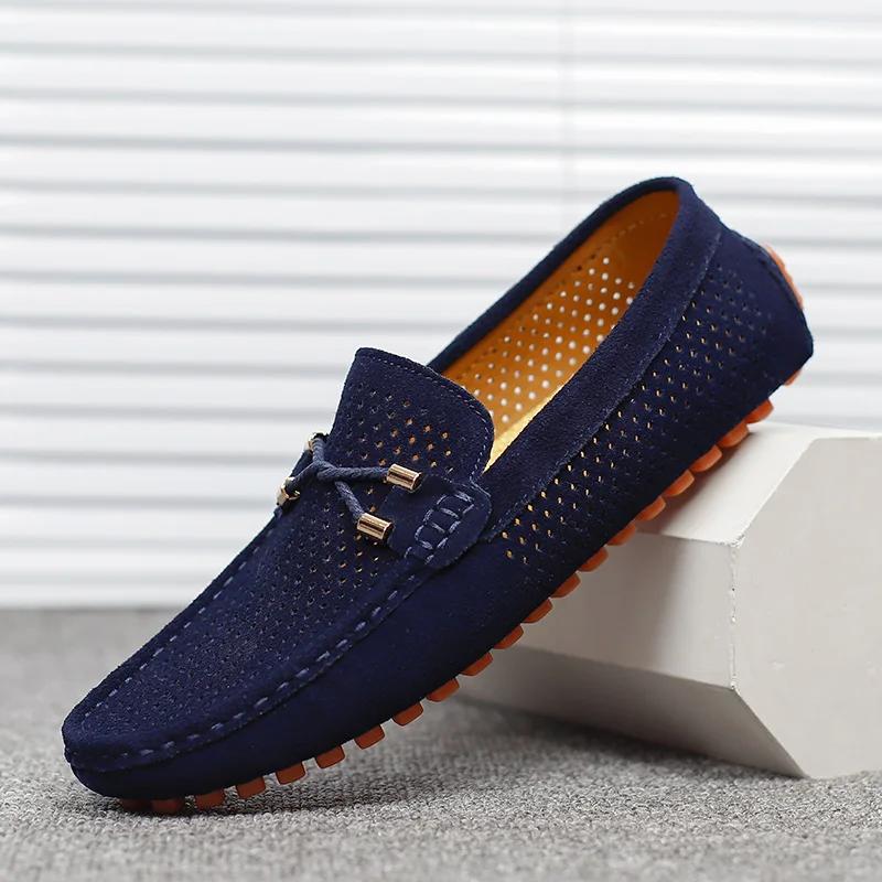Fashion Breathable Summer Male Casual Shoes Handmade Leather Moccasins Slip on Flats Simple Boat Shoes Hollow Out Mens Driving Loafers