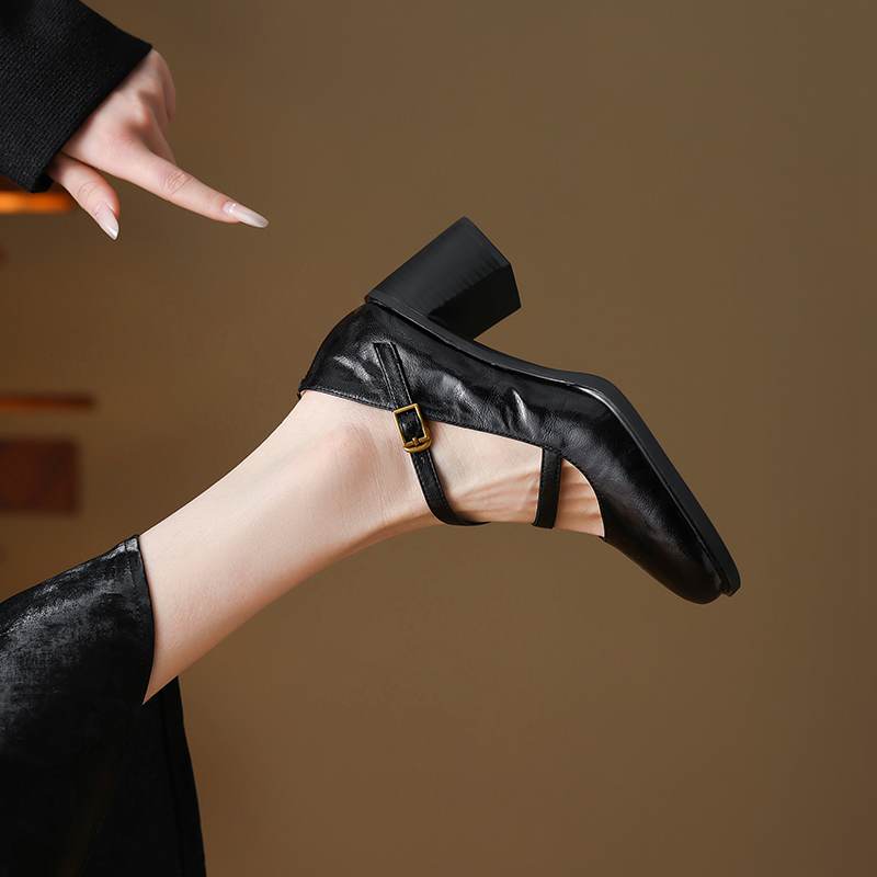 Krazing Pot Sheepskin Round Toe Size 41 Chunky High Heels Buckle Straps Vintage Autumn Pumps
