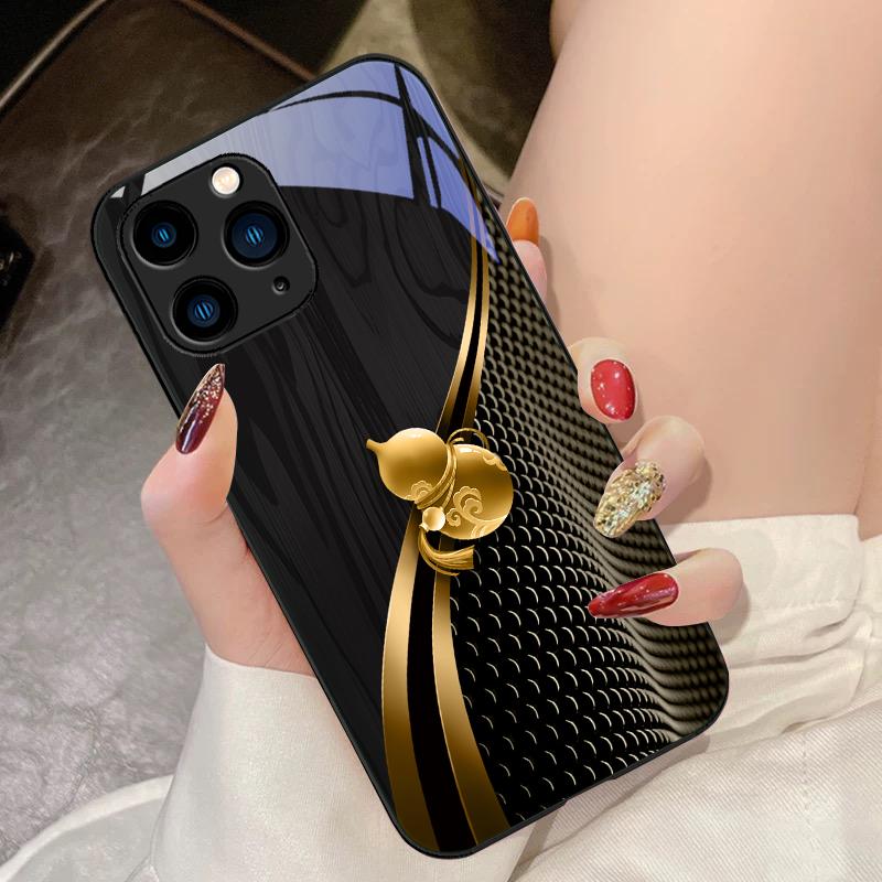 Holzmaserung Goldene Kürbis für iPhone 15 Pro 14 13 12 Mini 11 XS Max XR 7 8 Plus SE 2020 2022 Gehärtetes Glas Handyhülle