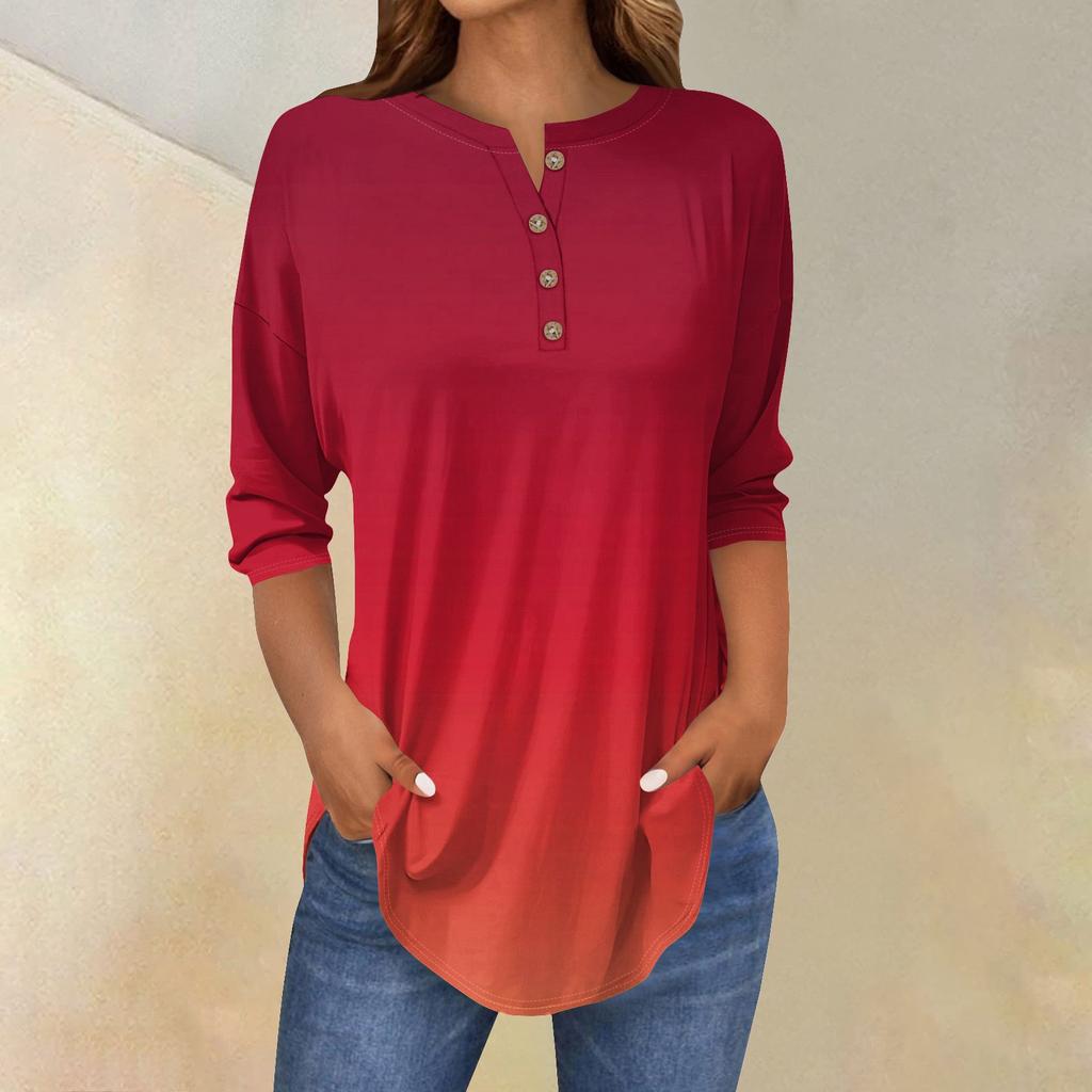Women's Fashion Casual Three-quarter Sleeve Gradient Printed Round Neck T-shirt Top