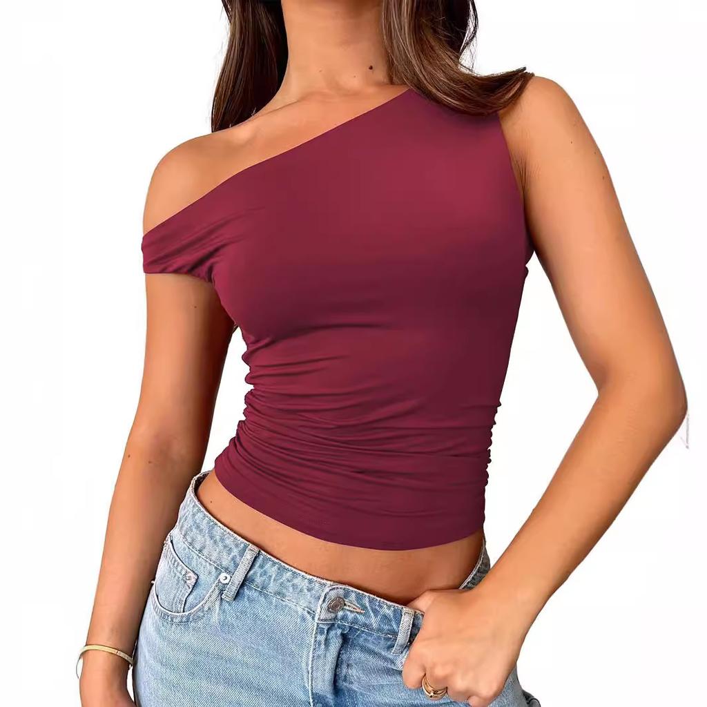 Women's Asymmetric Neck Sleeveless Crop Top Slim Fit Streetwear Ruched Camisole Tank Top