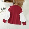 VONDA Women Lapel Neck Long Sleeve Striped Patchwork Buttons Up Loose Shirts Blouse