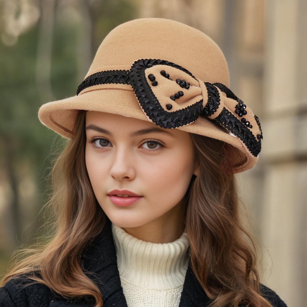 Bow Autumn and Winter Ladies Hat Wool Fashion Winter Top Hat Basin Hat Bucket Hat British Retro