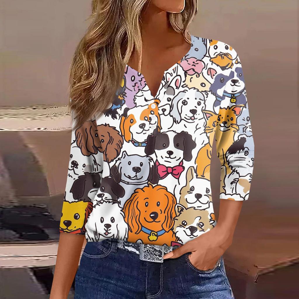 Women's Fashion Button V-Neck Seven Sleeve Cute Animal Print Casual Top
