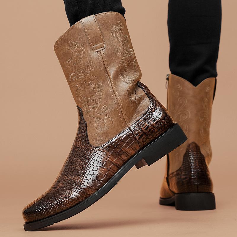 Western Cowboy Boots High Tube Embroidery Retro, Sleeve Men's and Women's Big Wide Head Western Cowboy Boots Large Size