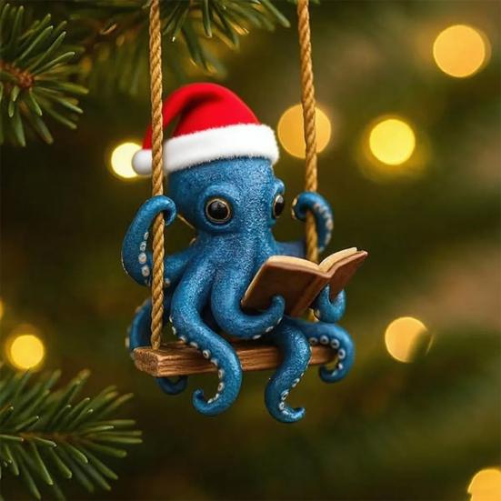 Blue Octopus Reading Christmas Ornament Festive Sea Creature Decorative Hanging Home Office Party Decor