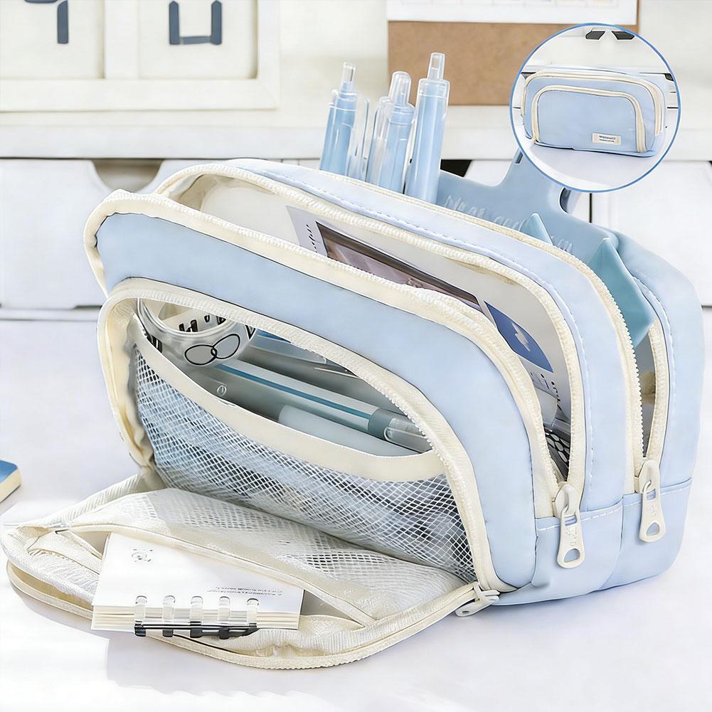 

Large Capacity Pencil Case Multi-Layer Solid Color Stationery Bag Pen Pouch Portable Cosmetic Bag School Supplies For Students світло-синій колір