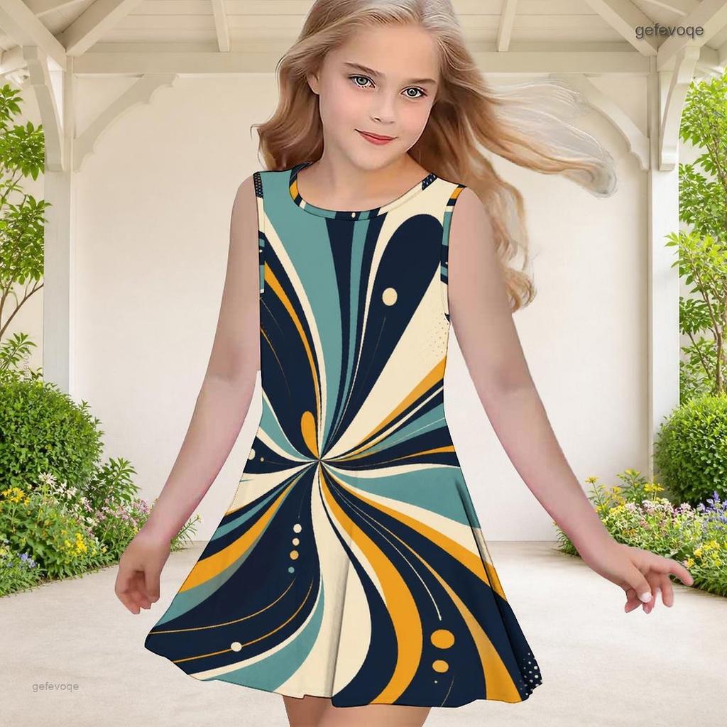 Girls Sleeveless Round Neck Geometric Printed A Line Flared Dress Red Black Beige