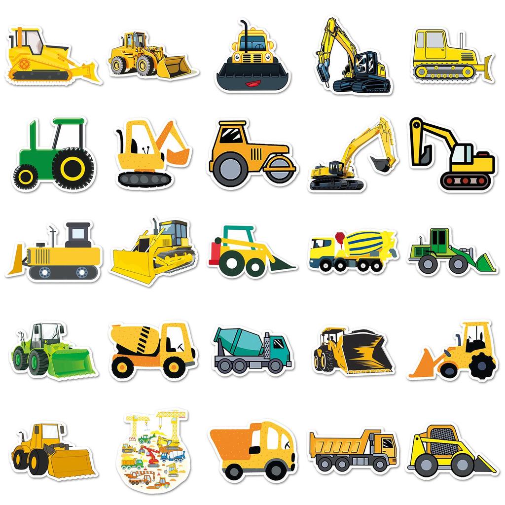 50 Sheets Cartoon Construction Vehicle Stickers for Kids – Waterproof Decoration for Journals, Notebooks, and Phones.
