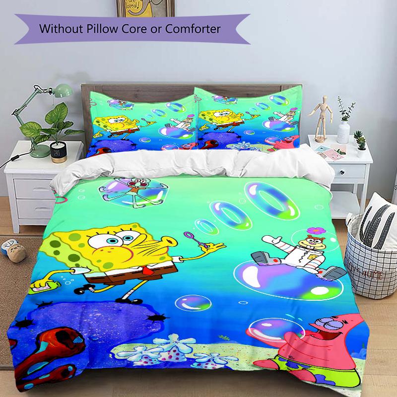 3pcs SpongeBob and Friends Printed Bedding Set, Soft and Comfortable Quilt Cover for Bedroom, Guest Room (1 Duvet Cover + 2 Pillowcases, Pil