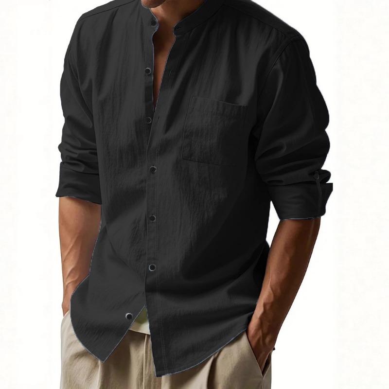Camicia Casual da Uomo in Misto Lino con Collo Mandarino, Maniche Lunghe, Bottoni, Maniche Arrotolabili