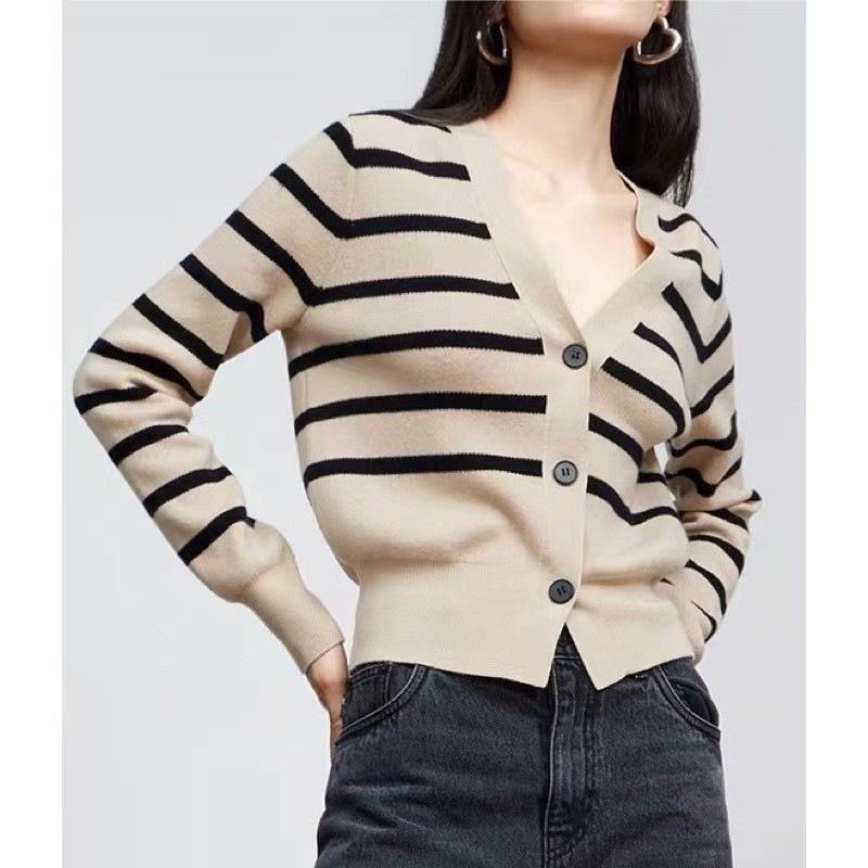 Autumn Women's V-neck Long Sleeved Sweater Striped Knitted Sweater Cardigan Design Sense