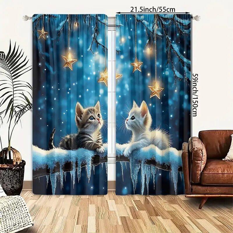 

2 Pieces Of The Little Cat Looking At The Stars Printed Curtains, Pole Bag Curtains, Home Decoration, Room Decoration 14Wx39L(35x100CM)x2