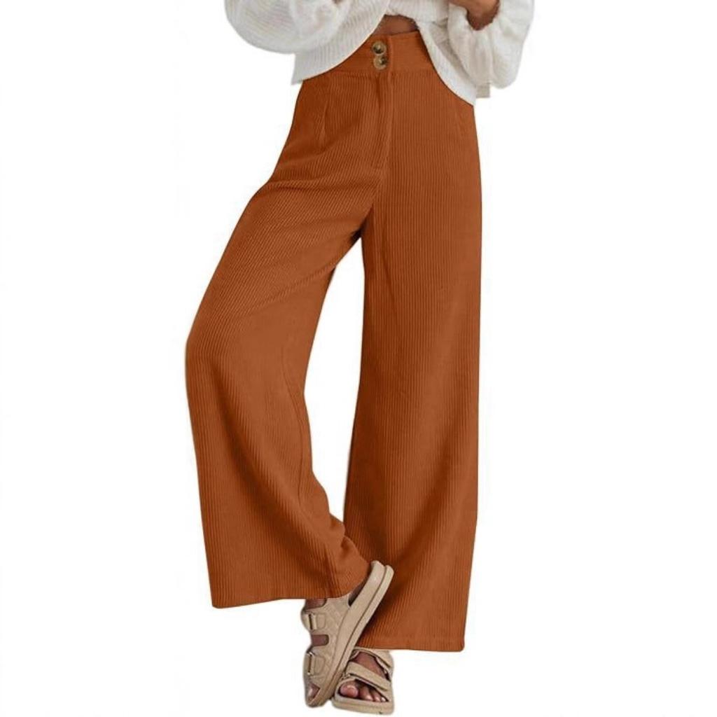 Women's High Rise Double Button Corduroy Wide Leg Pants Micro Stretch Casual Trousers