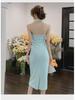 French Exquisite Retro Summer Halter Dress - Slim Fit, Bodycon with Slit, Spaghetti Straps, Royal Sister Style.