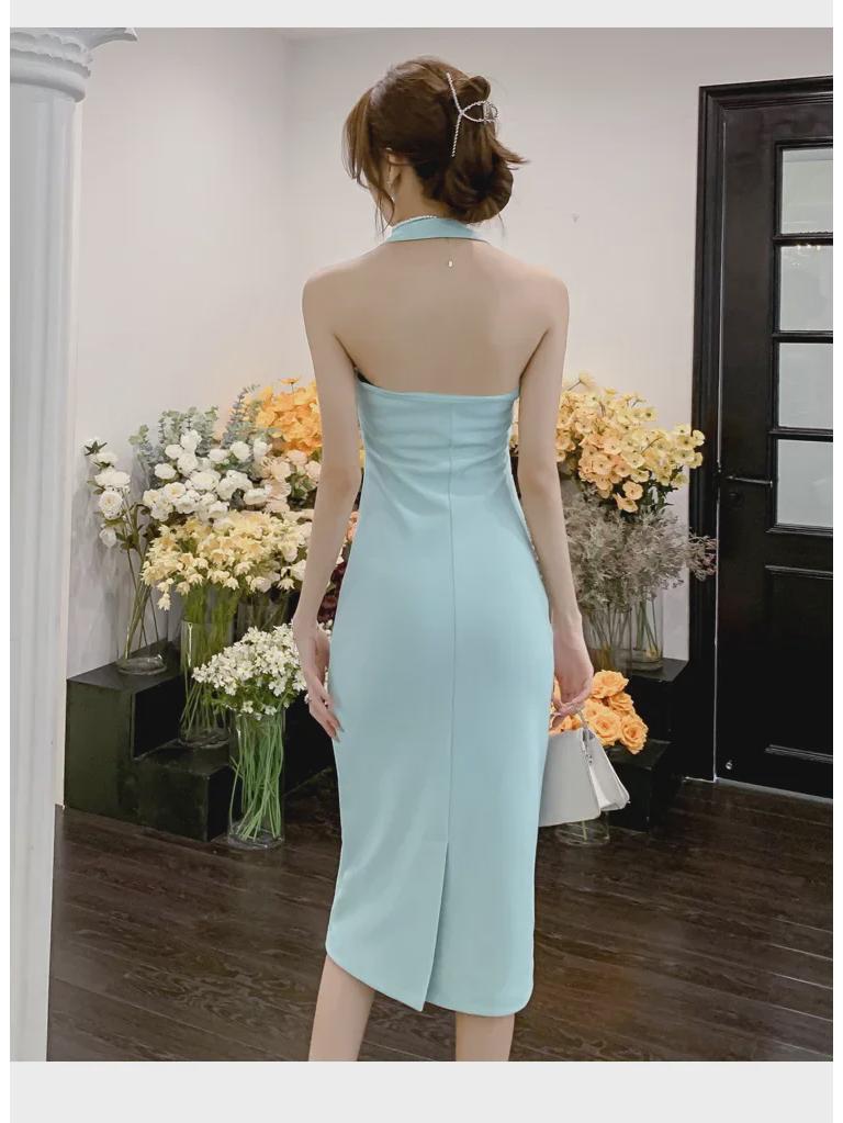 French Exquisite Retro Summer Halter Dress - Slim Fit, Bodycon with Slit, Spaghetti Straps, Royal Sister Style.