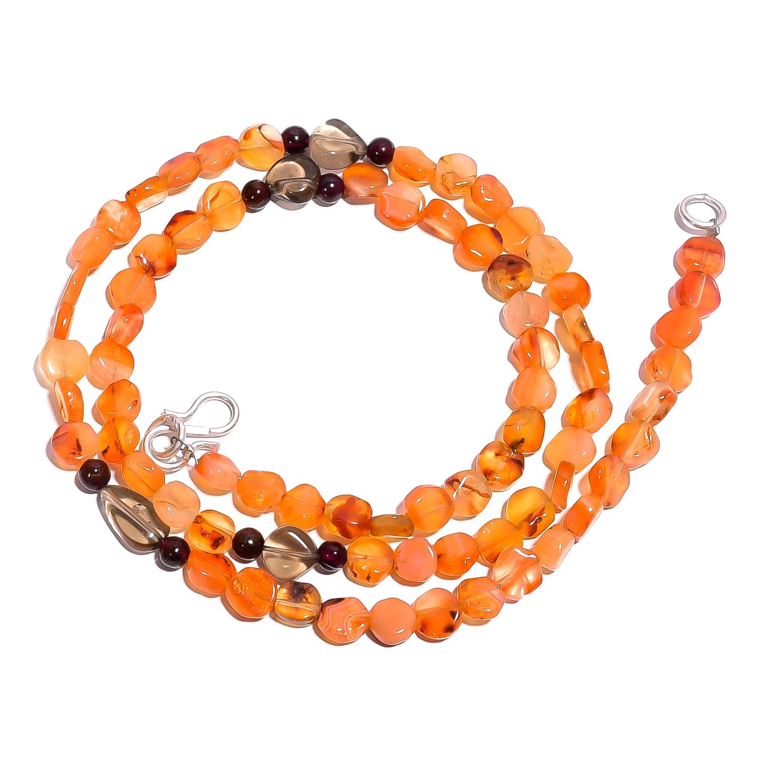 

Natural Carnelian Smoky Quartz Garnet Gemstone Smooth Beads Necklace 17 UB-4055 UB-4055