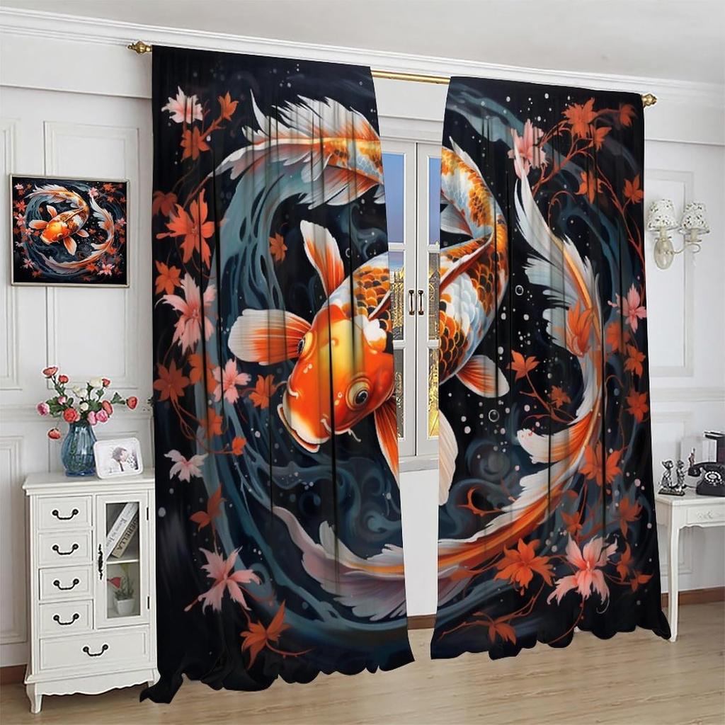 Japanese Wave Curtain Fantasy Anime Koi Fish Black Background Oriental Japanese Sea Wave Flower Art Pole Pocket Blackout Curtain