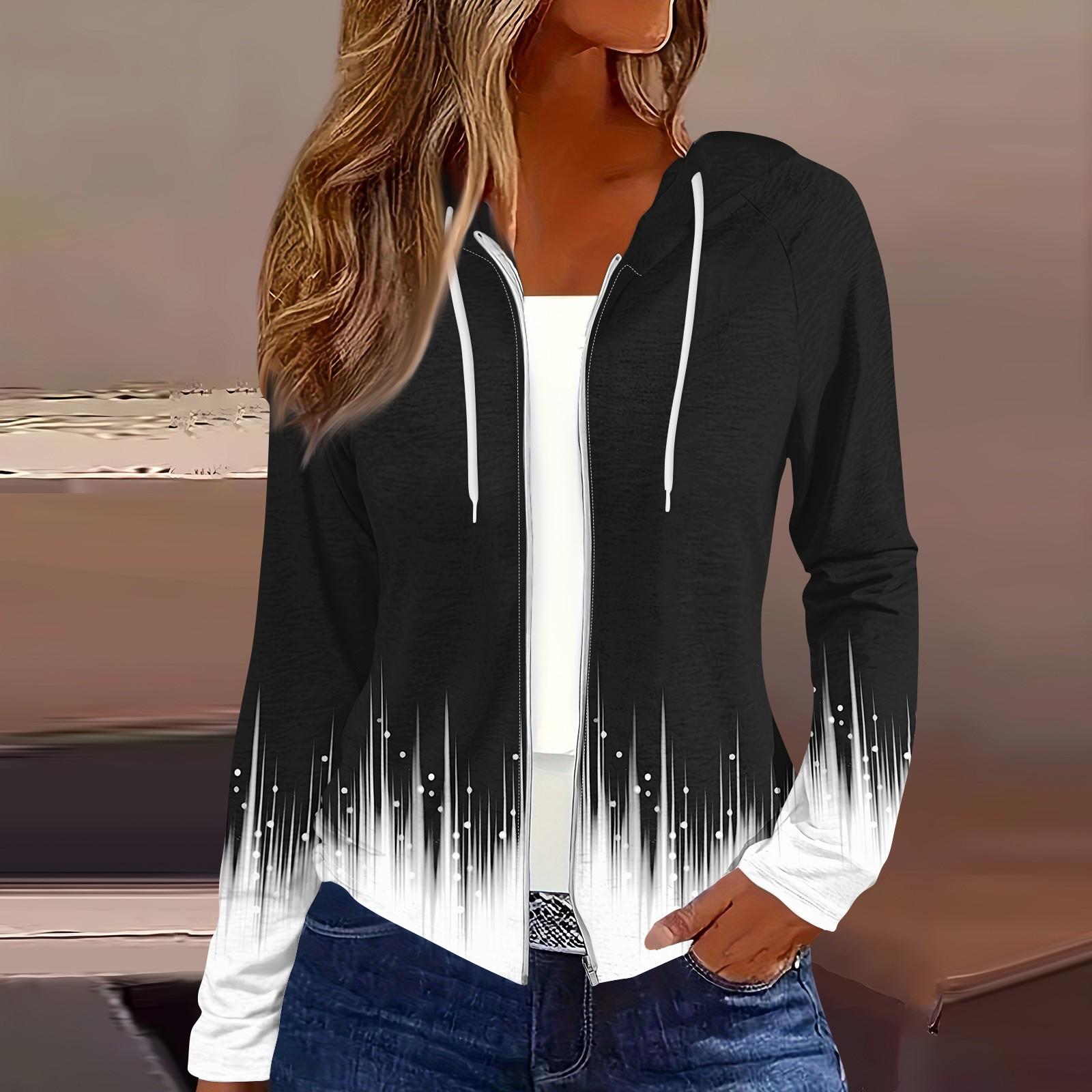 

Женская мода повседневная застежка-молния с капюшоном и принтом с длинным рукавом толстовки пальто L чёрный