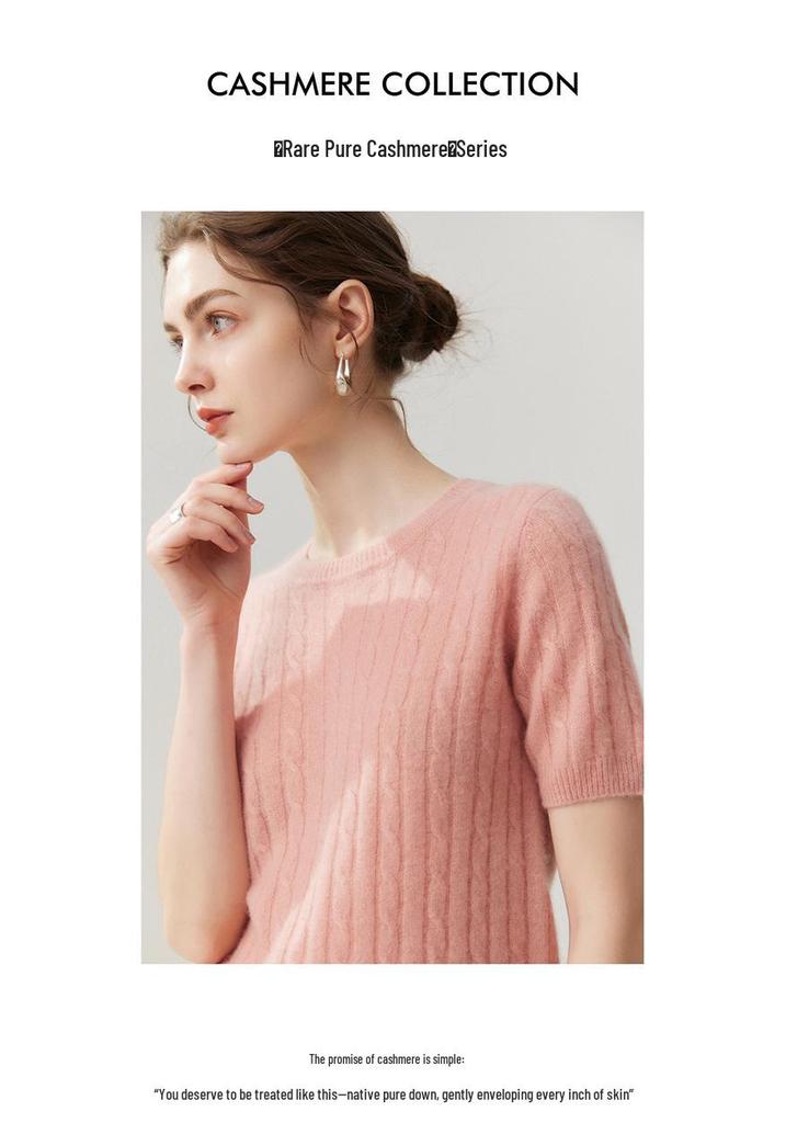 Lekasha 100% Pure Cashmere Short-Sleeve Round-Neck Pullover.