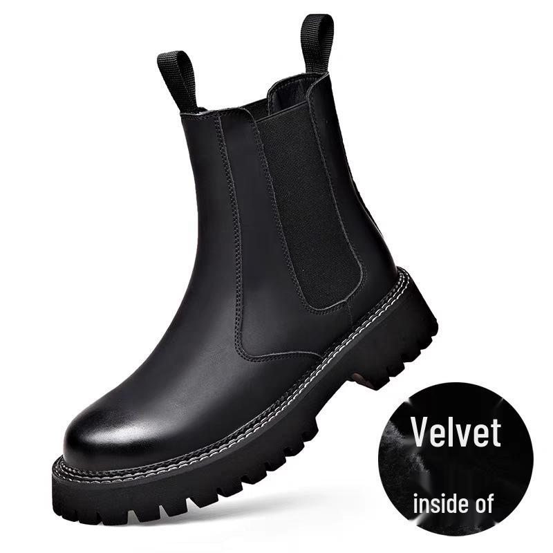 Men's High-Top Genuine Leather Martin Boots - Yellow, Thick Sole, Lightweight, Elastic Slip-On, Warm, Casual Work Boots for Autumn and Winter.