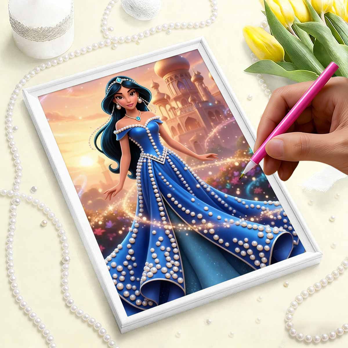 Disney Unisex Blue Pearl Painting Jasmine Princess Pearl Strapless Floor Length Dress 5D Pearl Embroidery Cross Stitchsetforhomeandclassroomdecorationpurpose
