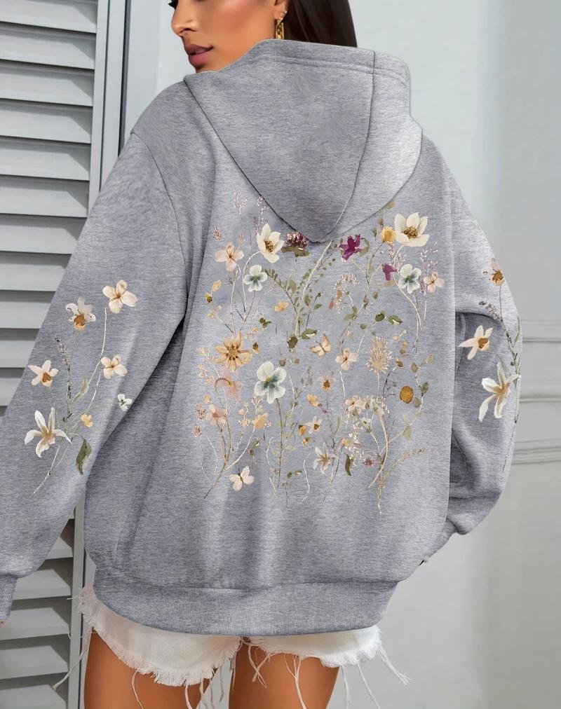 Damen Kapuzenpullover mit Blumen-Cluster-Print - Herbst Locker Lässig Fleece Pullover mit Taschen