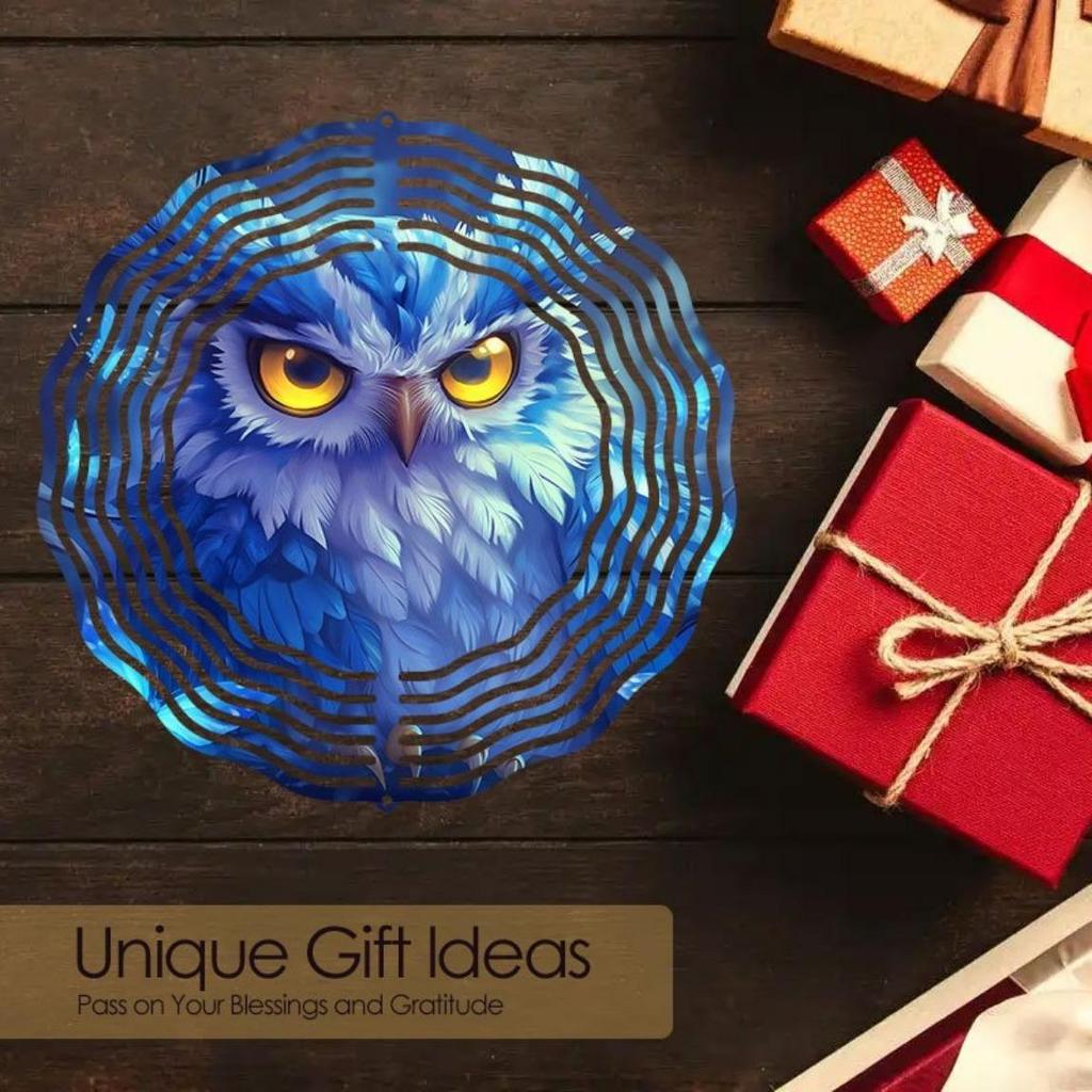 Metall Eule Windspiel Außengartendekor Rotierendes Windspiel mit Blauem Gelbem Eulen-Design für Terrasse Hof Vogelabwehr