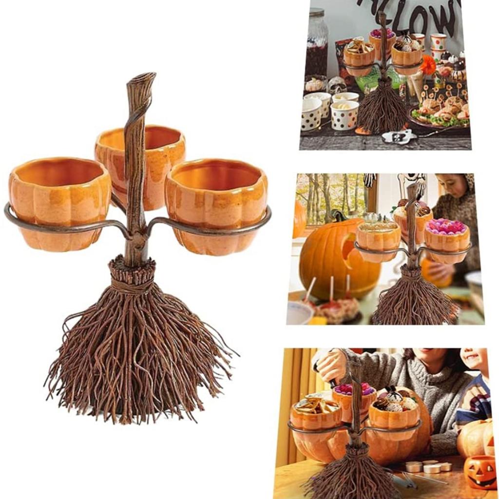 Halloween Resin Pumpkin Bowls On Broom for Serving Snacks Salad Fruit Halloween Party Supplies