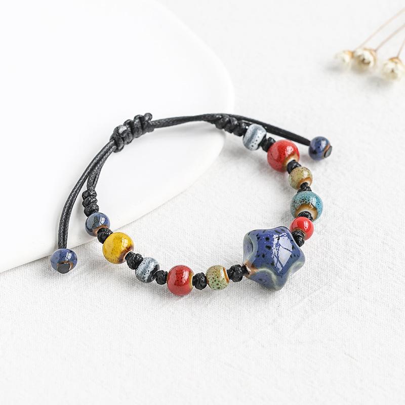 Kaseakia Handmade STAR Vintage Ceramic Stone Beads Wax Cord Adjustable Beaded Bracelets Bohemian Boho Jewelry for Women