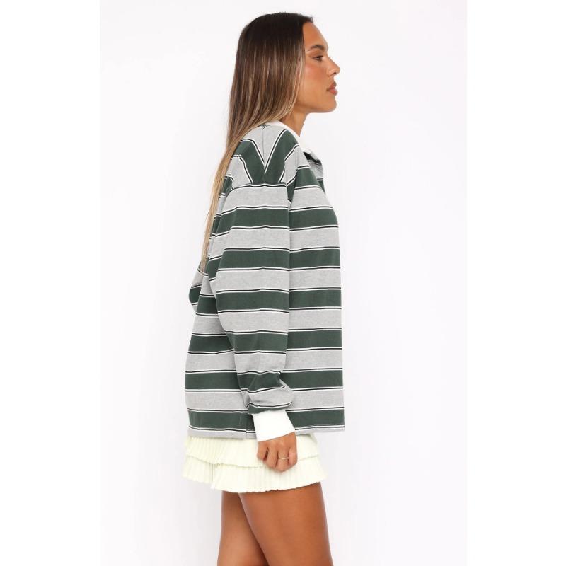 Women S Long Sleeve Striped Polo Shirt Loose Casual Street Style Top