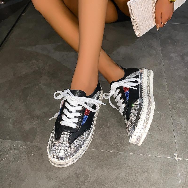 New lace-up flat-soled little white shoes women's spring and autumn rhinestone platform single shoes casual lazy muffin shoes