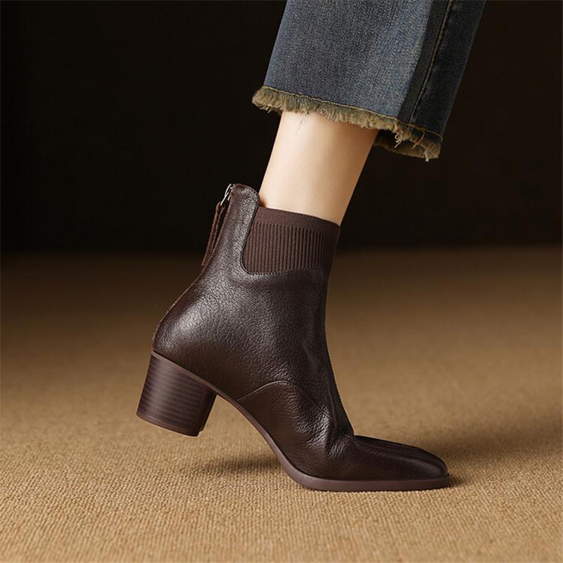 Fashion New Autumn Genuine Leather Women Boots Fashion Round Toe Boots for Women Short Boots Botines Mujer Chunky Heels Black Brown