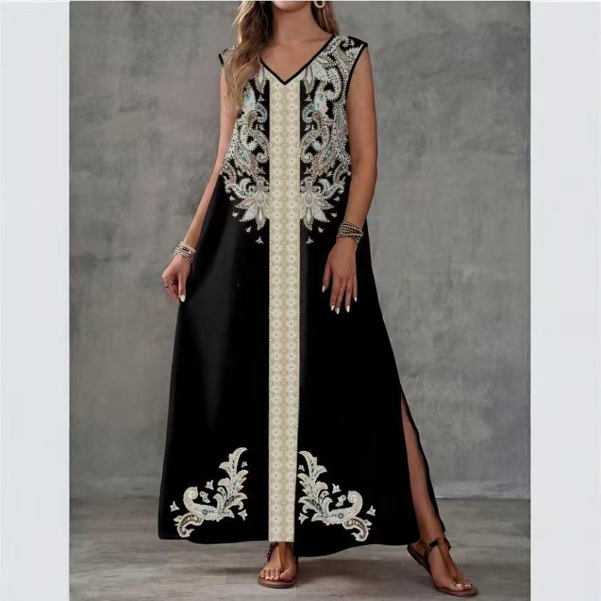 New Bohemian V-neck embroidered long dress sleeveless split beach vacation dress women's clothing