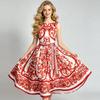 Abito Midi da Donna Senza Maniche con Cintura Stampa Piastrelle Majolica Vintage Vita Alta Linea ad A Svasato Abito Estivo per Festa Vacanza Sera