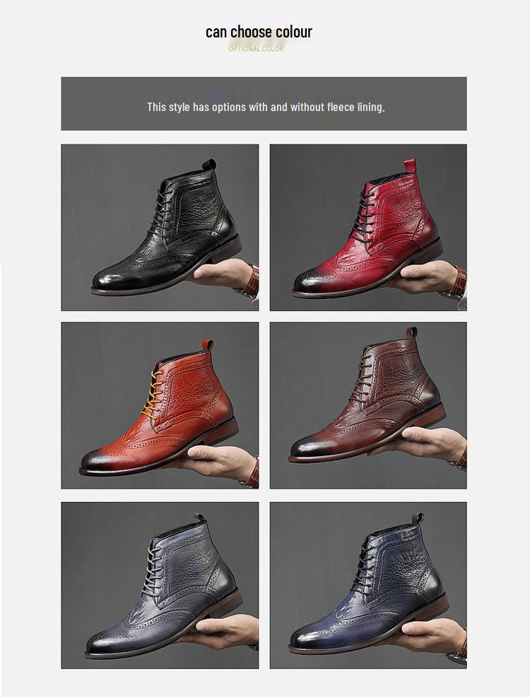 Men's Brogue Ankle Boots: Carved Cowhide High-Top, Pointed Toe, Autumn/Winter Fashion, Large Size.