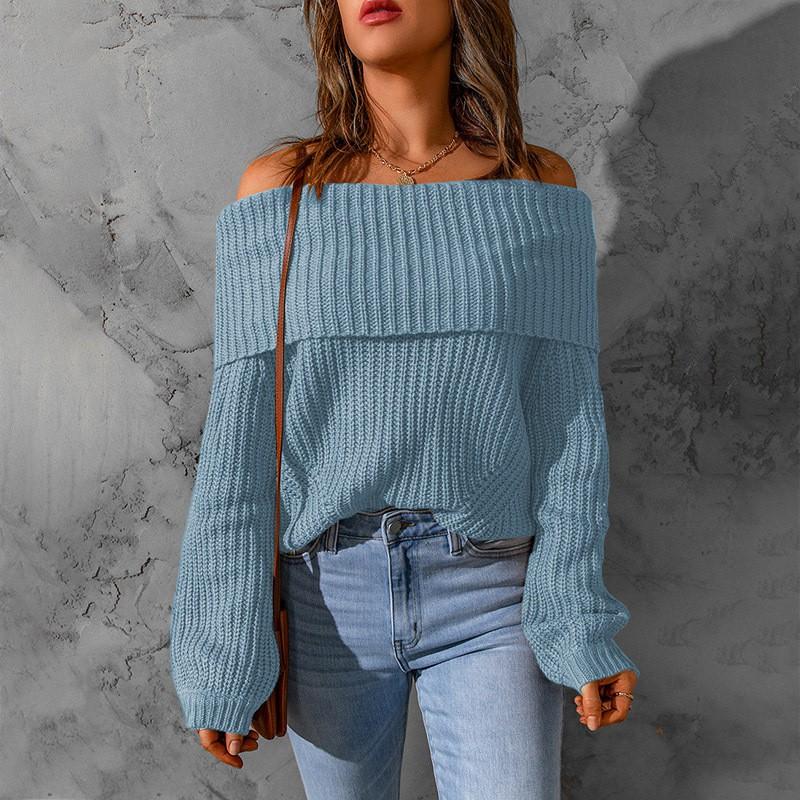 Womens Sweater Off Shoulder Solid Color Loose Fit Long Sleeve Temperament Elegant Winter Wear