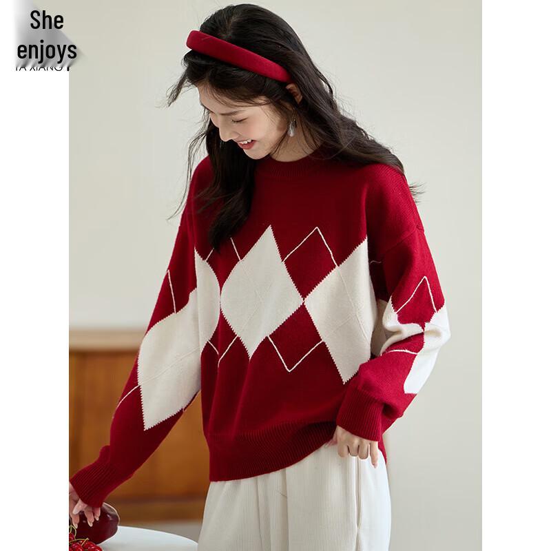 Women s Loose-Fit Diamond Check Knit Sweater M